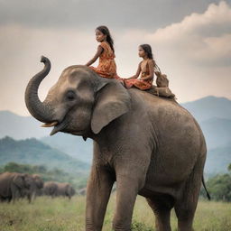 A young girl with an adventurous spirit, sitting atop a majestic elephant, both of them calmly exploring beautiful, exotic scenery.