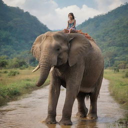 A young girl with an adventurous spirit, sitting atop a majestic elephant, both of them calmly exploring beautiful, exotic scenery.