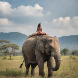 A young girl with an adventurous spirit, sitting atop a majestic elephant, both of them calmly exploring beautiful, exotic scenery.