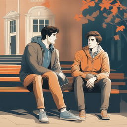 This illustration vividly portrays two young white men with dark hair, the protagonist and 'A', seated closely on a bench within a vibrant college campus