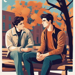 This illustration vividly portrays two young white men with dark hair, the protagonist and 'A', seated closely on a bench within a vibrant college campus
