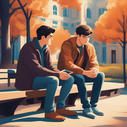 This illustration vividly portrays two young white men with dark hair, the protagonist and 'A', seated closely on a bench within a vibrant college campus