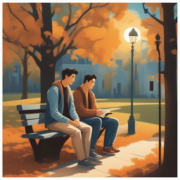 This illustration vividly portrays two young white men with dark hair, the protagonist and 'A', seated closely on a bench within a vibrant college campus