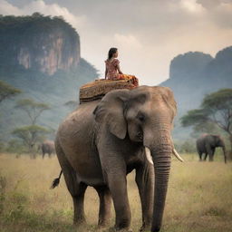 A young girl with an adventurous spirit, sitting atop a majestic elephant, both of them calmly exploring beautiful, exotic scenery.