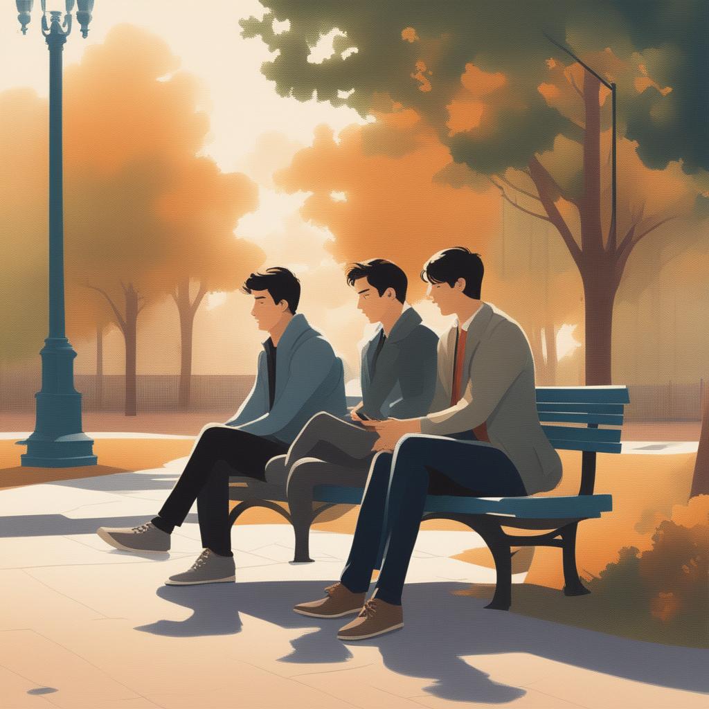 This illustration vividly portrays two young white men with dark hair, the protagonist and 'A', seated closely on a bench within a vibrant college campus
