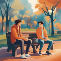 This illustration vividly portrays two young white men with dark hair, the protagonist and 'A', seated closely on a bench within a vibrant college campus