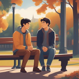 This illustration vividly portrays two young white men with dark hair, the protagonist and 'A', seated closely on a bench within a vibrant college campus