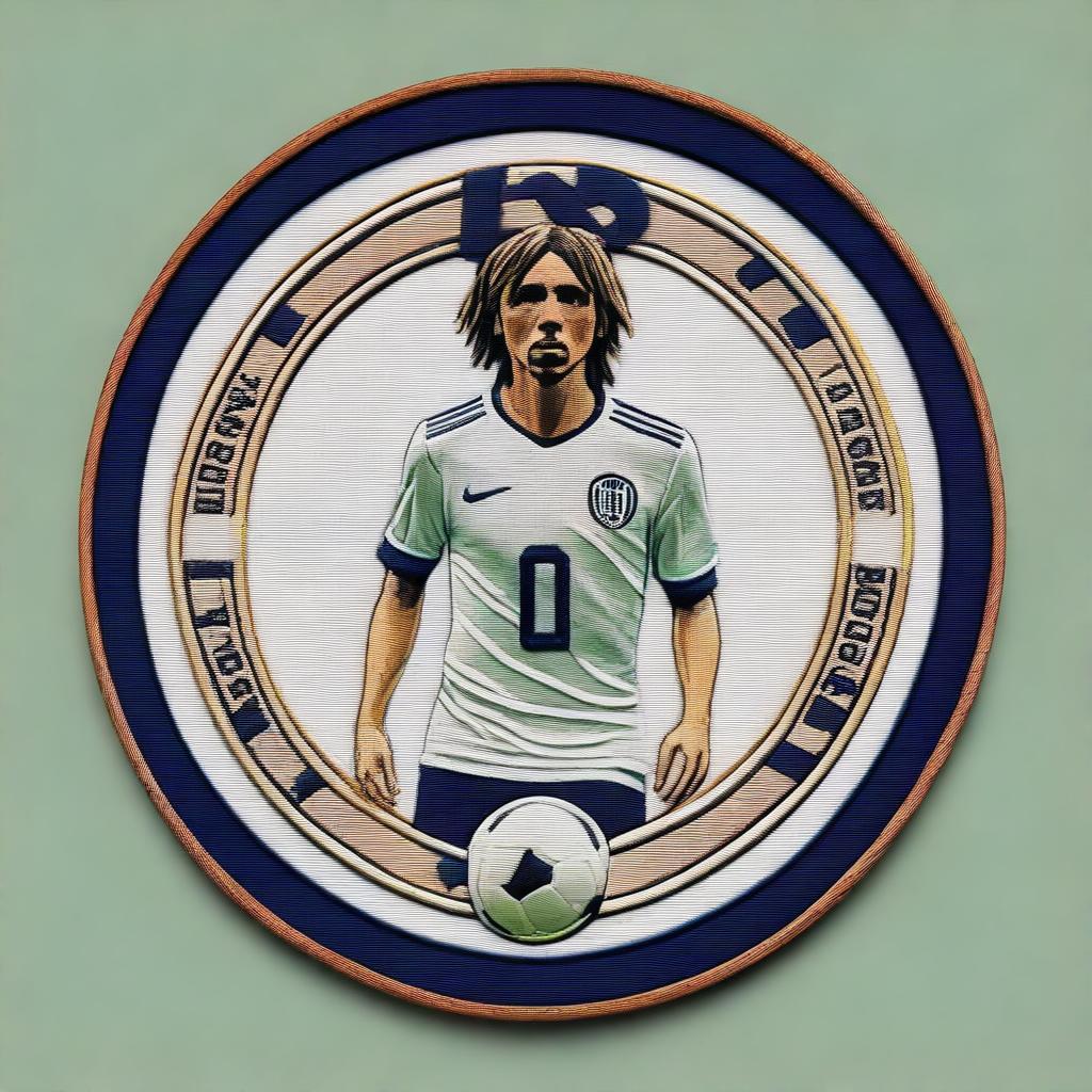 A top-notch digital art image featuring a detailed embroidery of the jersey number of soccer player Luka Modrić, set within a hoop display