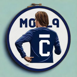 A top-notch digital art image featuring a detailed embroidery of the jersey number of soccer player Luka Modrić, set within a hoop display