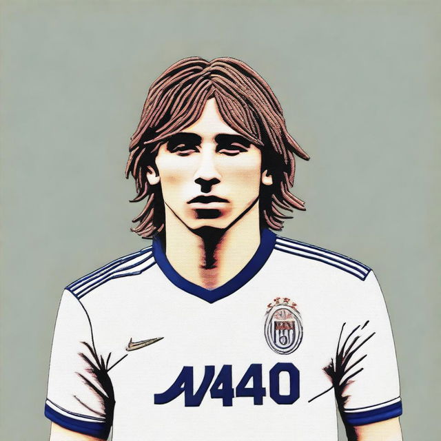 A top-notch digital art image featuring a detailed embroidery of the jersey number of soccer player Luka Modrić, set within a hoop display