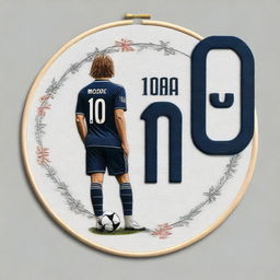 A top-notch digital art image featuring a detailed embroidery of the jersey number of soccer player Luka Modrić, set within a hoop display