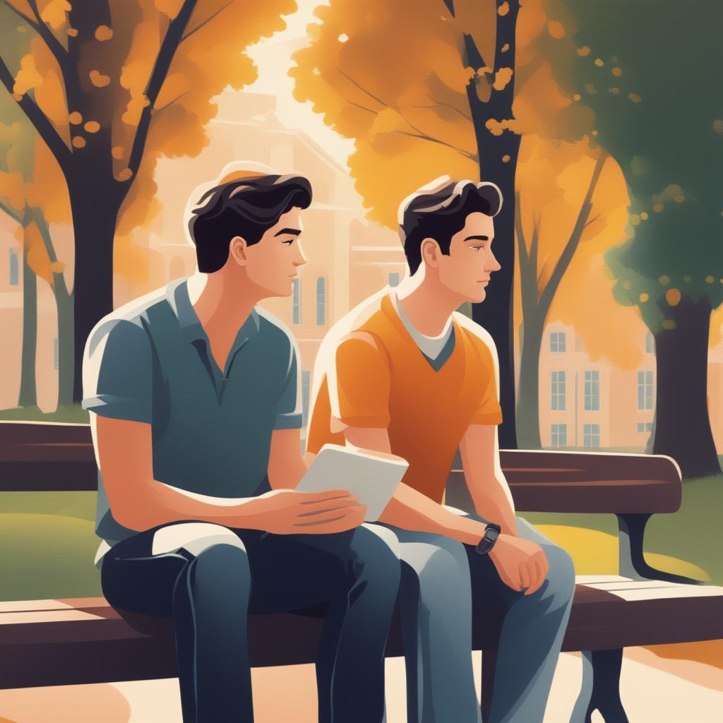 This illustration vividly portrays two young white men with dark hair, the protagonist and 'A', seated closely on a bench within a vibrant college campus