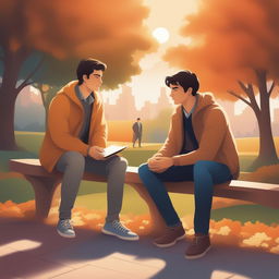 This illustration vividly portrays two young white men with dark hair, the protagonist and 'A', seated closely on a bench within a vibrant college campus