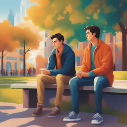 This illustration vividly portrays two young white men with dark hair, the protagonist and 'A', seated closely on a bench within a vibrant college campus