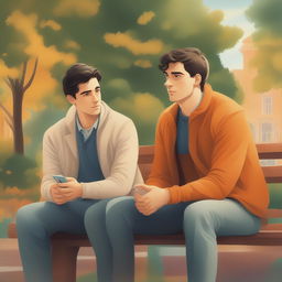 This illustration vividly portrays two young white men with dark hair, the protagonist and 'A', seated closely on a bench within a vibrant college campus