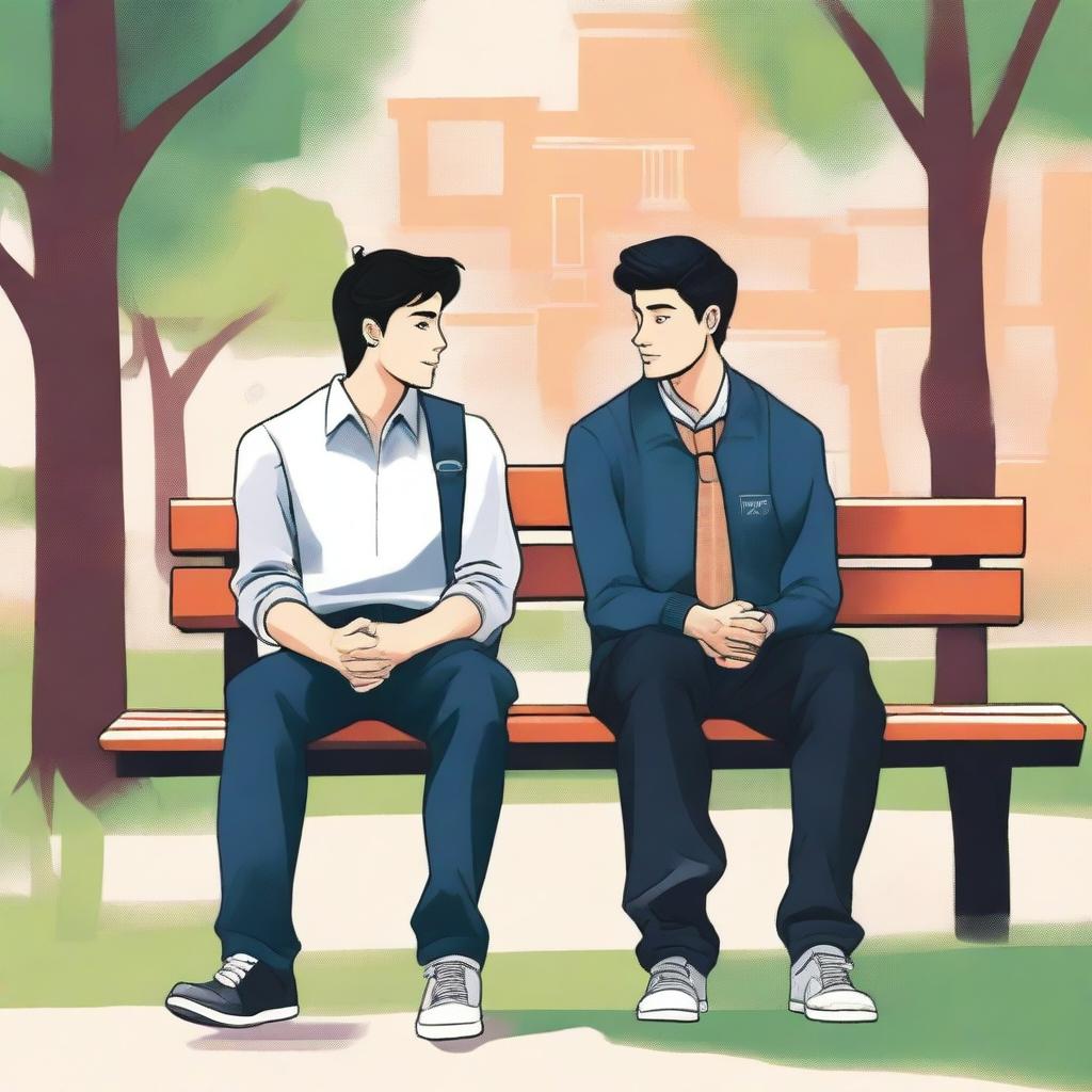 This is a vibrant digital illustration featuring two young men with dark hair, the protagonist and 'A', seated closely on a bench within a bustling college campus