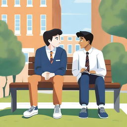 This is a vibrant digital illustration featuring two young men with dark hair, the protagonist and 'A', seated closely on a bench within a bustling college campus