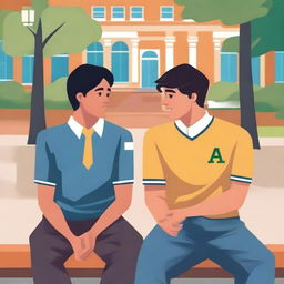 This is a vibrant digital illustration featuring two young men with dark hair, the protagonist and 'A', seated closely on a bench within a bustling college campus