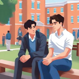 This is a vibrant digital illustration featuring two young men with dark hair, the protagonist and 'A', seated closely on a bench within a bustling college campus