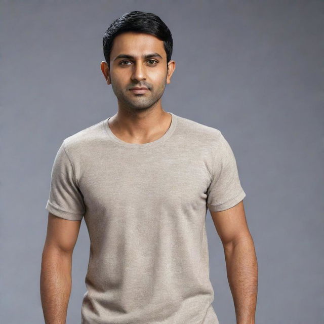 Generate an 8K hyper-realistic full body image of a 28-year-old Indian man with an endomorph body type. He has a round face, wheatish skin, stands at 5 feet tall with 36 inches waist, clean-shaven, weighs 68 kgs, and has side-parted black hair.