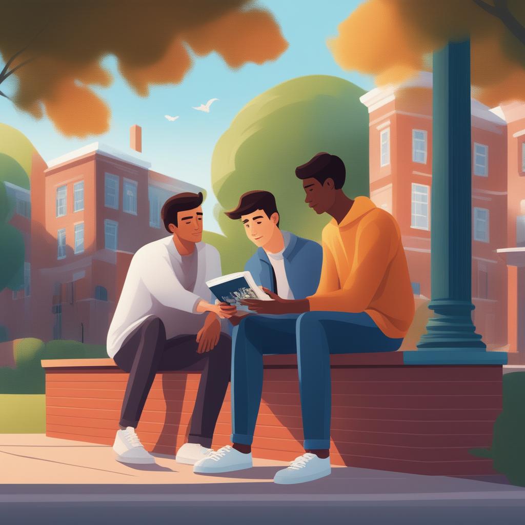 This is a vibrant digital illustration featuring two young white men with dark hair, the protagonist and 'A', seated closely on a bench within a lively college campus