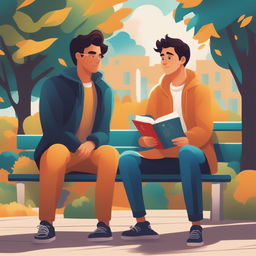 This is a vibrant digital illustration featuring two young white men with dark hair, the protagonist and 'A', seated closely on a bench within a lively college campus