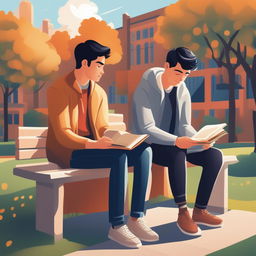 This is a vibrant digital illustration featuring two young white men with dark hair, the protagonist and 'A', seated closely on a bench within a lively college campus