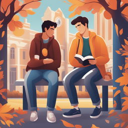 This is a vibrant digital illustration featuring two young white men with dark hair, the protagonist and 'A', seated closely on a bench within a lively college campus