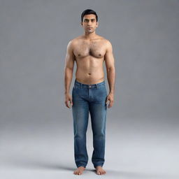 Generate an 8K hyper-realistic full body image of a 28-year-old Indian man with an endomorphic triangle body type. Traits include a round face, wheatish complexion, 5 feet tall, 36-inch waist, clean-shaven, 68 kg weight, and side-parted black hair.