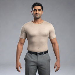 Generate an 8K hyper-realistic full body image of a 28-year-old Indian man with an endomorphic triangle body type. Traits include a round face, wheatish complexion, 5 feet tall, 36-inch waist, clean-shaven, 68 kg weight, and side-parted black hair.