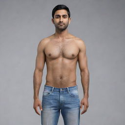 Generate an 8K hyper-realistic full body image of a 28-year-old Indian man with an endomorphic triangle body type. Traits include a round face, wheatish complexion, 5 feet tall, 36-inch waist, clean-shaven, 68 kg weight, and side-parted black hair.