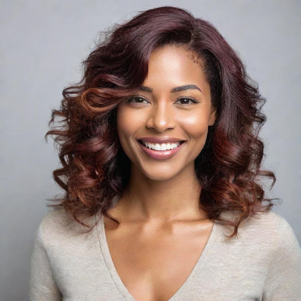 A portrait of a confident woman with a radiant smile, stunning eyes, and vibrant hair, standing against a neutral background.