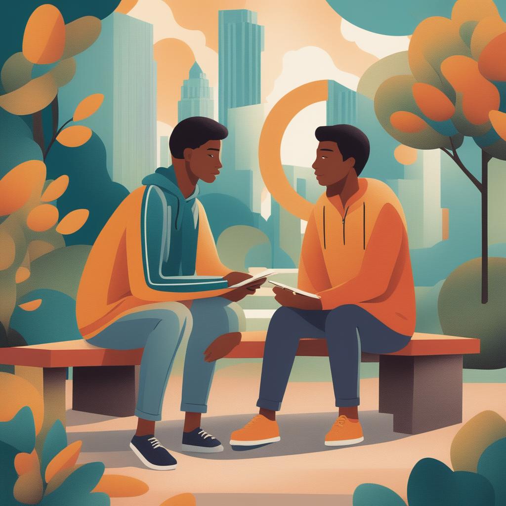 This high-quality illustration vividly portrays two young men, the protagonist and 'A', seated closely on a bench within a vibrant college campus setting