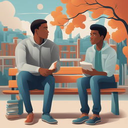 This high-quality illustration vividly portrays two young men, the protagonist and 'A', seated closely on a bench within a vibrant college campus setting