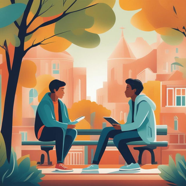 This high-quality illustration vividly portrays two young men, the protagonist and 'A', seated closely on a bench within a vibrant college campus setting