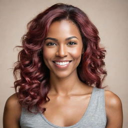 A portrait of a confident woman with a radiant smile, stunning eyes, and vibrant hair, standing against a neutral background.