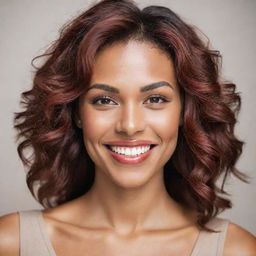 A portrait of a confident woman with a radiant smile, stunning eyes, and vibrant hair, standing against a neutral background.