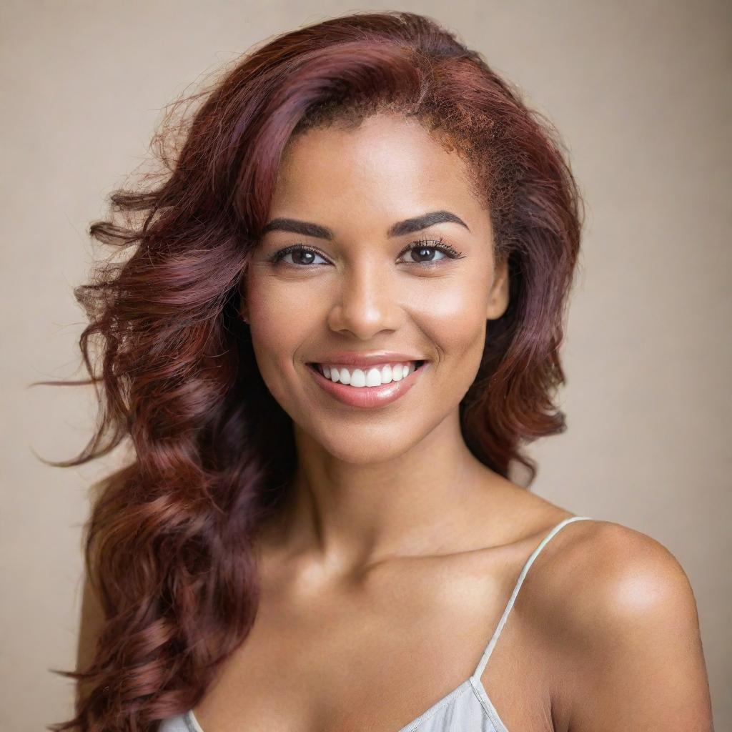 A portrait of a confident woman with a radiant smile, stunning eyes, and vibrant hair, standing against a neutral background.