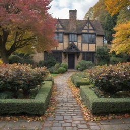 English Tudor style house with cobblestone pathways, rose gardens in full bloom, surrounded by a wrought iron fence, situated amidst tall, leafy trees during autumn.