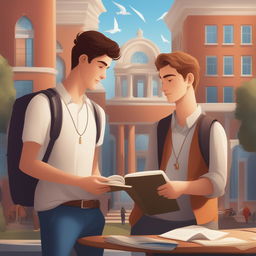 This high-quality digital illustration showcases two young white men, the protagonist and 'A', on a college campus