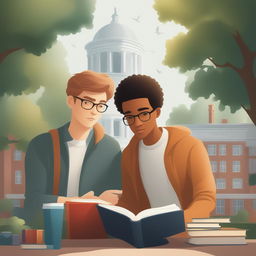 This high-quality digital illustration showcases two young white men, the protagonist and 'A', on a college campus
