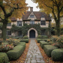 English Tudor style house with cobblestone pathways, rose gardens in full bloom, surrounded by a wrought iron fence, situated amidst tall, leafy trees during autumn.