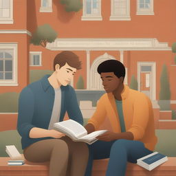 This high-quality digital illustration showcases two young white men, the protagonist and 'A', on a college campus