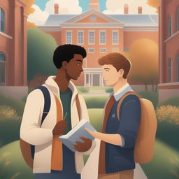 This high-quality digital illustration showcases two young white men, the protagonist and 'A', on a college campus
