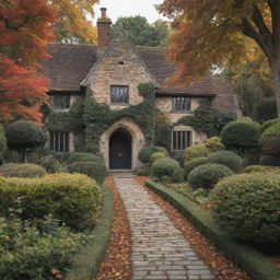 English Tudor style house with cobblestone pathways, rose gardens in full bloom, surrounded by a wrought iron fence, situated amidst tall, leafy trees during autumn.