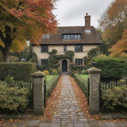 English Tudor style house with cobblestone pathways, rose gardens in full bloom, surrounded by a wrought iron fence, situated amidst tall, leafy trees during autumn.