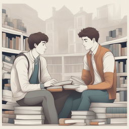 A high-quality digital illustration of two young white men, the protagonist and 'A', in a college setting