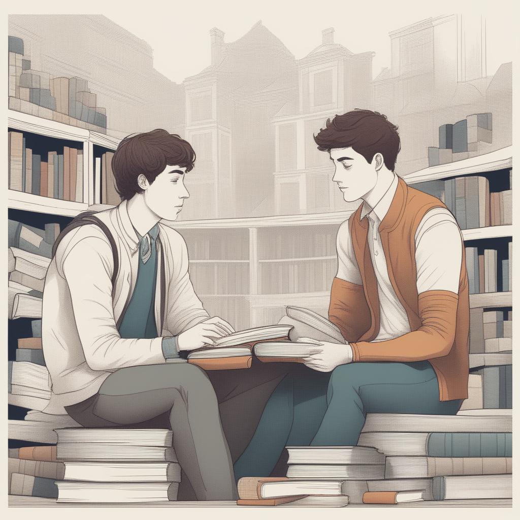 A high-quality digital illustration of two young white men, the protagonist and 'A', in a college setting