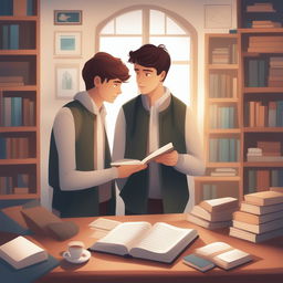 A high-quality digital illustration of two young white men, the protagonist and 'A', in a college setting