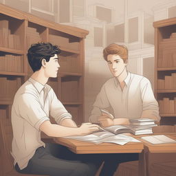 A high-quality digital illustration of two young white men, the protagonist and 'A', in a college setting